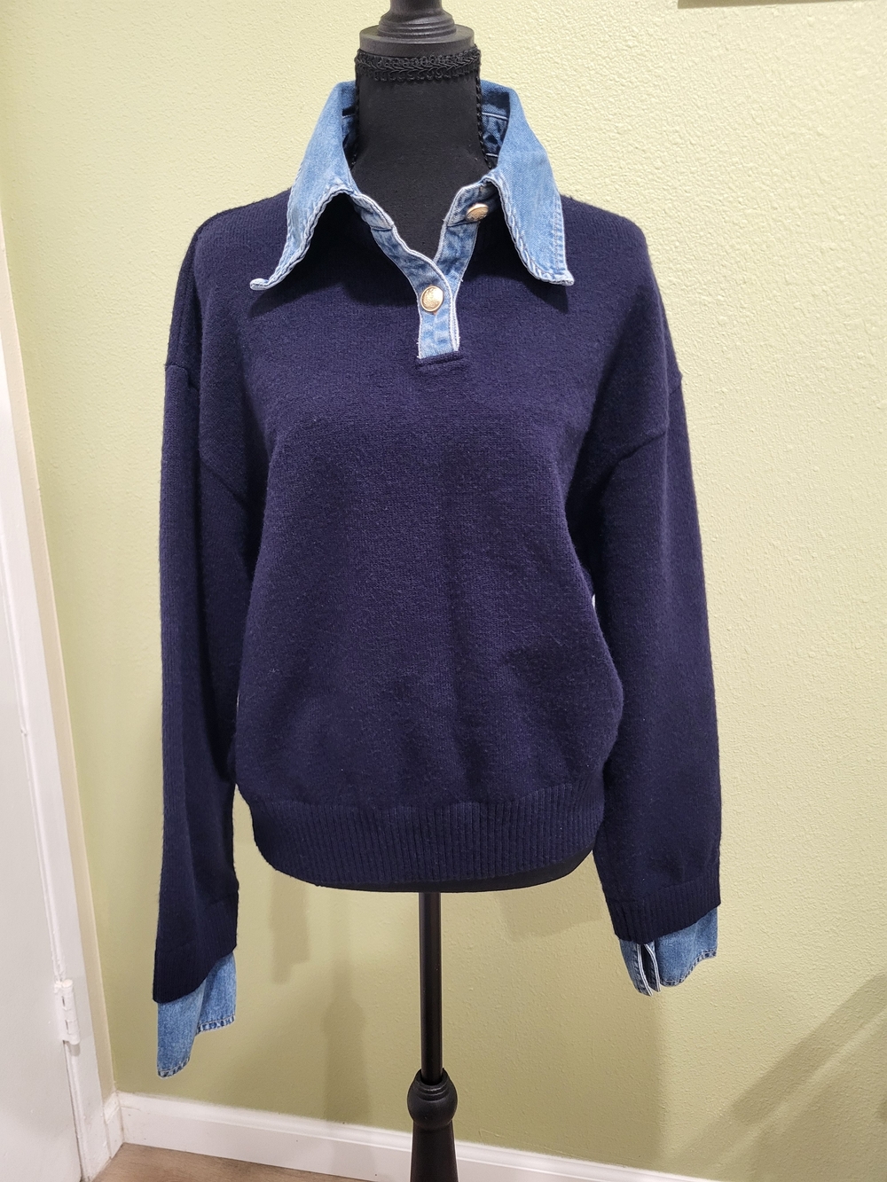 Commense "Courtney" Navy Knit Sweater with Denim Trim. Size Medium. - Picture 3 of 9